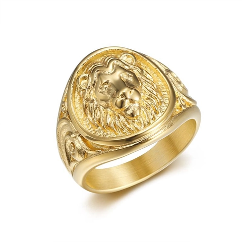 Lion Head Signet Ring Stainless Steel 3D Relief Hip Hop Punk Style Jewelry For Men Gold Plated Vintage Animal Ring