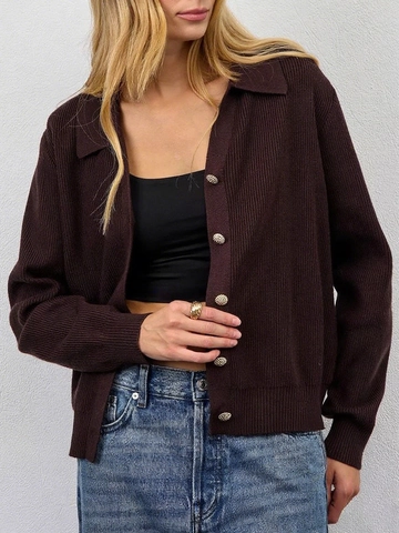 Women Long Sleeve Knit Cardigan Sweater Lapel Collar Ribbed Solid Color Gold Buttons Elegant Office Lady Casual Top
