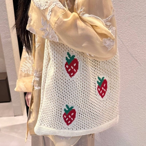 Borsa Tote In Maglia Fragola Uncinetto Svuotata Borsa A Spalla Stile Giapponese Coreano Pastorale Spiaggia