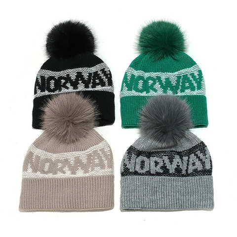 Norway Letter Jacquard Acrylic Knitted Beanie Hat With Faux Fur Pom Pom Winter Warm Fleece Lined Casual Skull Cap