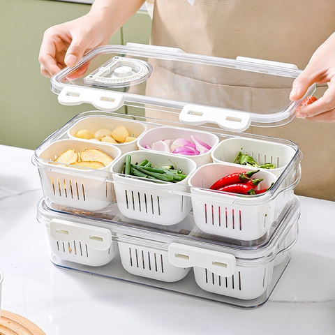 Scatola Organizer Per Frigorifero Divisa Contenitore Alimentare In Plastica Trasparente Con Cestelli Drenanti Rimovibili E Coperchio Con Registro Data Cucina