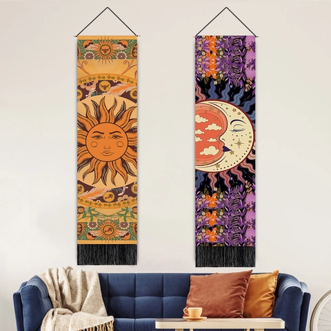 Sun And Moon Wandbehang Tapisserie Mit Quasten Holzstab Polyester Baumwolle Böhmische Himmlische Mandala Kunst Dekor