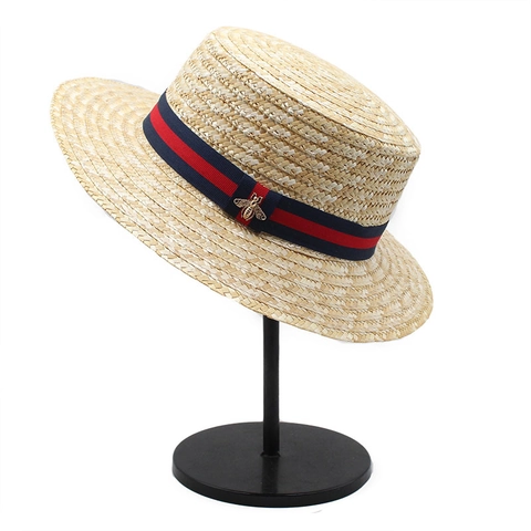 Vintage Boater Hat Natural Wheat Straw Wide Brim Sun Protection Vacation Beach Elegant Striped Ribbon Metal Bee Decor