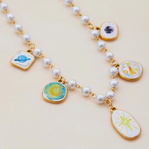 18K Gold Plated Stainless Steel Double Layer Necklace With Faux Artificial Pearl And Space Planet Enamel Pendants For Women