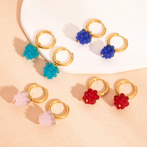 Edelstahl Gold Vergoldete Creolen Mit Harz Traube Frucht Anhänger Sommer Frisch Süß Schmuck Für Frauen