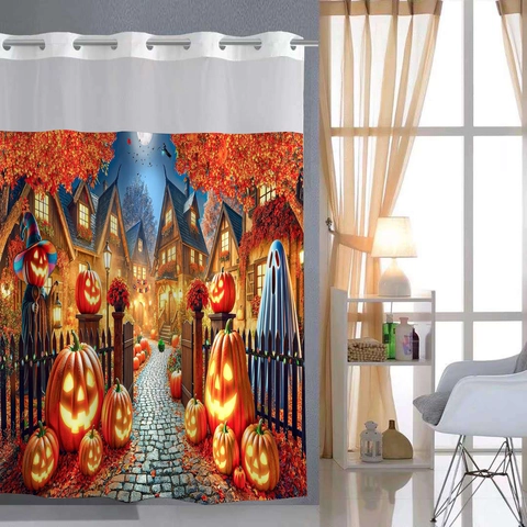 Halloween Gothic Duschvorhang Wasserdicht Polyester Waffelgewebe Doppelschicht Abnehmbare Einlage Hakenlos Netzfenster