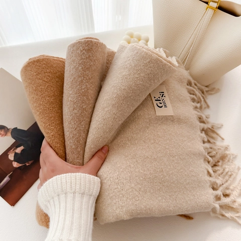 Winter Thickened Solid Color Polyester Scarf With Tassels For Women Warm Soft Faux Cashmere Texture Shawl Wrap Elegant Neck Scarf
