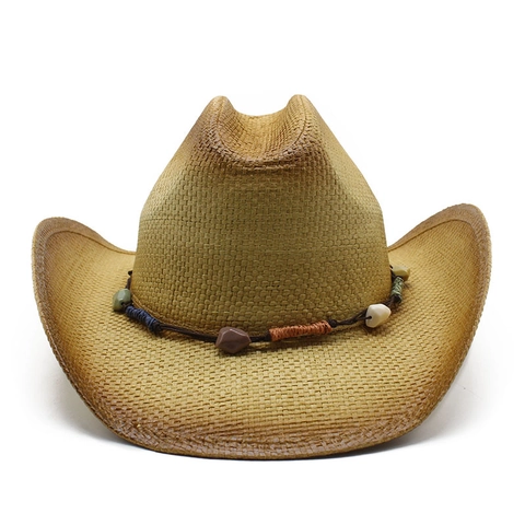 Western Cowboy Straw Hat Vintage Paper Fedora With Beaded Belt Wide Brim Sun Protection For Men Women