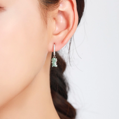 Dinosaur Huggie Earrings 925 Sterling Silver Green Cubic Zirconia Animal Dangle Jewelry For Women Girls Cute Sparkling