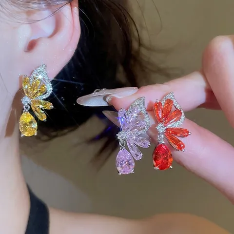 Boucles D'oreilles Pendantes Ailes De Papillon Avec Zircon Base En Cuivre Et Tige En Argent Sterling 925 Élégant Femmes