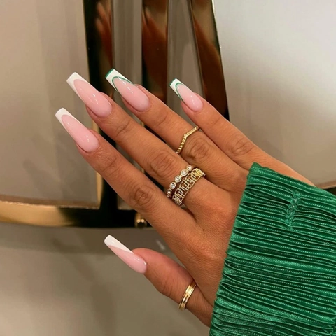 Unghie Finte Lunghe Coffin Press On Design A Strisce Francesi ABS Unghie Artificiali Per Donne Manicure Con Linguette Adesive