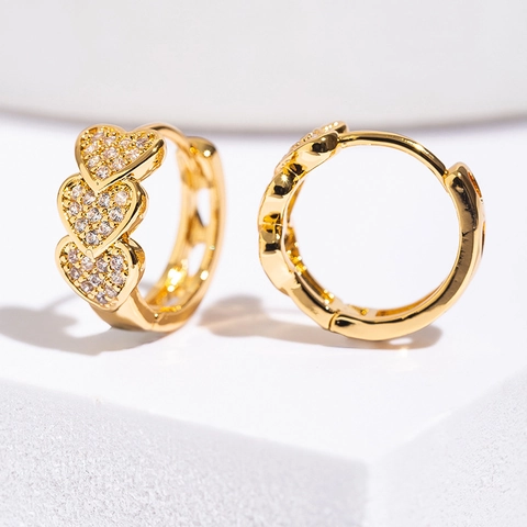Triple Heart Hoop Earrings Copper Micro Pave Zircon Fashion Elegant Huggie Jewelry For Women Gold Silver Plated