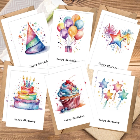 Handgemalte Aquarell Geburtstagskarten Mit Kraftpapier Umschlägen Inklusive Torte Ballon Illustrationen Für Kinder Feier