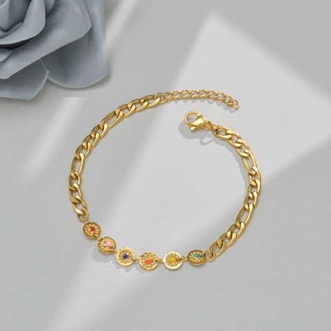 Emaille Bunte Herz Mond Blume Sonne Anhänger Armband Vergoldeter Edelstahl Figaro Kette Verstellbar Damen Boho