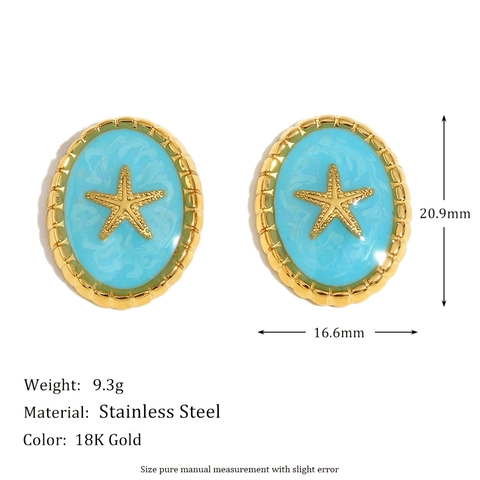 Starfish Stud Earrings Women Stainless Steel 18K Gold Plated Oval Blue Enamel Marine Ocean Theme Vintage Retro Style