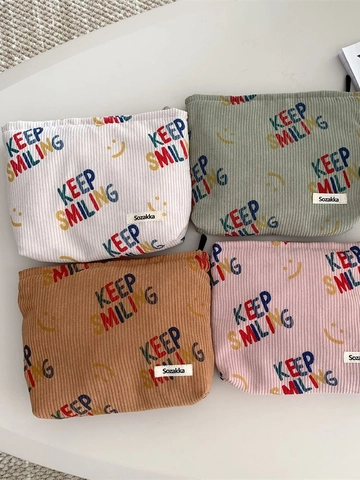 Trousse De Toilette En Velours Côtelé Imprimé KEEP SMILING Organisateur De Maquillage Pochette De Voyage Pour Femmes