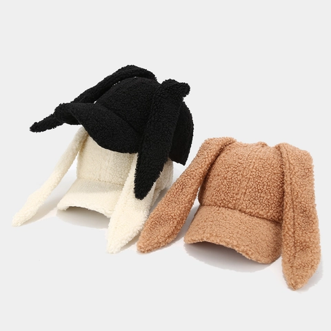 Schattige Konijnenoor Honkbalpet Warme Lamswol Sherpa Teddy Fleece Verstelbare Wintermuts Voor Dames