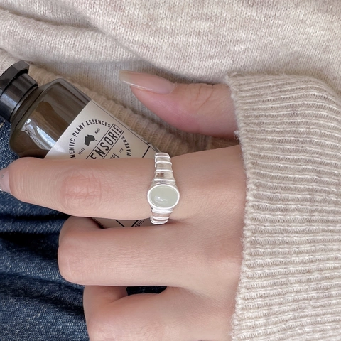 Anillo Piedra Verde Ovale Plata De Ley 925 Vintage Banda Texturizada Abierta Ajustable Para Mujeres