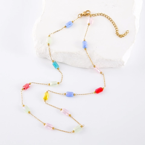 Collier Perles Cristal Colorées Acier Inoxydable 304 Plaqué Or Rectangulaire Minimaliste Style Ins Bijoux Pour Femmes