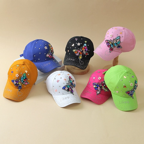 Women's Korean Style Rhinestone Butterfly Baseball Cap Fashion Sparkly Crystal Outdoor Sun Hat Adjustable Casual Sporty Hat