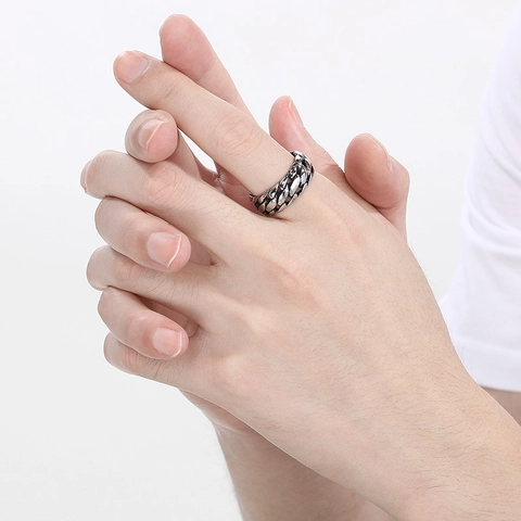 Herren Amerikanisches Retro Edelstahl Panzerkette Ring Breite Geflochtene Textur Band Trendiger Minimalistischer Fingerring Schmuck