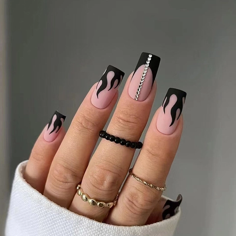 Matte Press On Nails Black Flame French Square False Nails With Rhinestone Accents For Women Cool Y2K Style