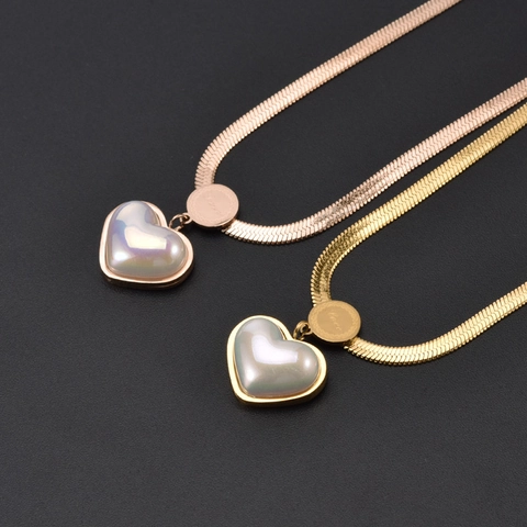 Collana Con Ciondolo a Cuore in Acciaio Inossidabile Con Perla Artificiale Catena a Serpente Oro Rosa Gioielli da Donna