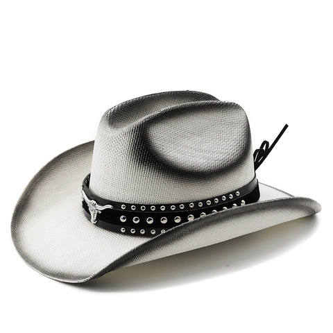 Chapeau De Cow-Boy Western Vintage Paille Tissée Protection Solaire Bord Large Tête De Taureau Rivet Ceinture Unisexe