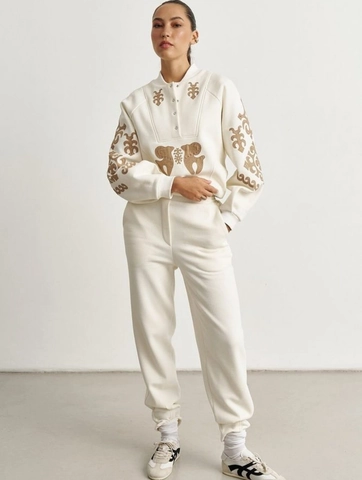 Women 100% Cotton Sweatshirt And Pants Half Zip Stand Collar Bohemian Embroidered Long Sleeve Ethnic Streetwear