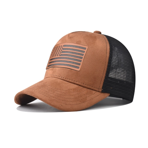 American Flag Leather Patch Trucker Hat Faux Suede Mesh Baseball Cap Retro Adjustable Outdoor Sun Hat