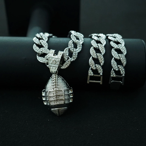 Collana Pendente Rugby Football Americano Hip Hop Lega Strass Brillantini Catena Cubana Gioielli Streetwear