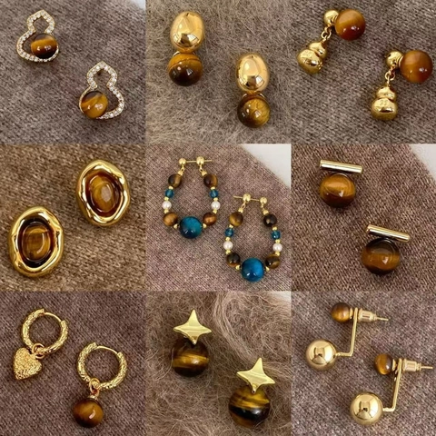 Pendientes Vintage De Piedra Ojo De Tigre Poste De Plata De Ley 925 Geométricos Colgantes Mujer Joyería Retro Francés