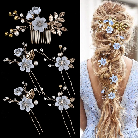 Peigne À Cheveux Mariée Floral Épingles Mariage Bijoux De Tête Or Alliage Cristal Künstliche Perle Artificielle Strass Femmes Cheveux