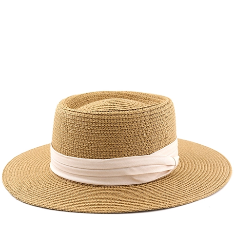 Cappello Di Paglia Boater Da Donna Cupola Piatta Tesa Larga Spiaggia Estate Viaggio Elegante Retro Nastro