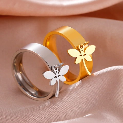 Stainless Steel Dragonfly Pendant Ring Gold Plated Minimalist Polished Band Fashion Jewelry For Women