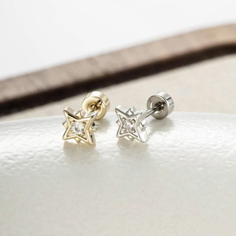Star Cartilage Stud Earring With Zircon Inlaid Copper Four Pointed Star Titanium Steel Screw Back Piercing Jewelry