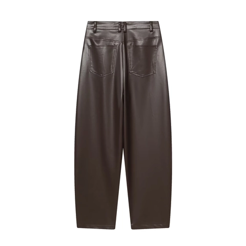 Women Faux Leather Pants High Waist Wide Leg Solid Color PU Trousers Casual Deep Brown Loose Fashionable Style
