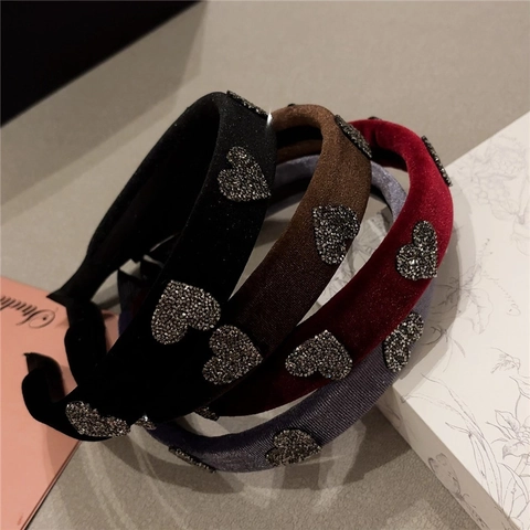 Velvet Heart Rhinestone Headband Wide Brim Anti Slip Hair Band Vintage Elegant Headpiece For Women