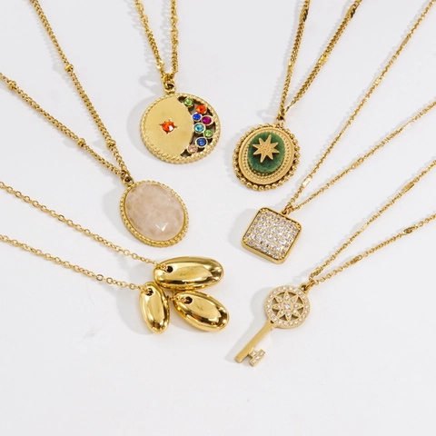 Collana Pendente Acciaio Inossidabile Pietra Naturale Zircone Placcato Oro Vintage Geometrico Stella Chiave Da Donna