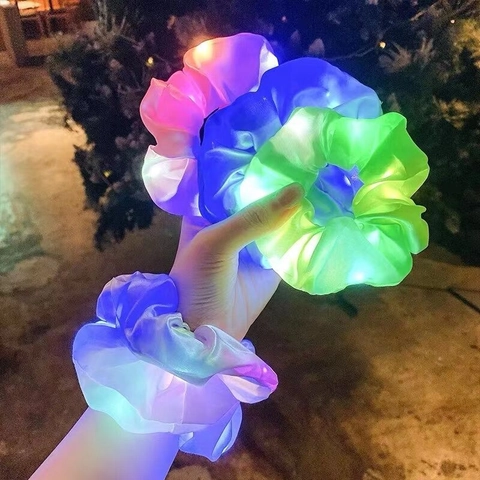 LED Glowing Scrunchie Satin Fabric Light Up Elastic Hair Tie For Nightclub Party Rave Festival Hair Accessories