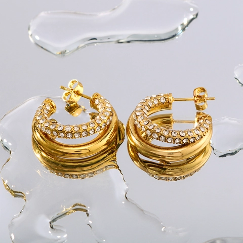 C-Shape Hoop Earrings 18K Gold Plated Stainless Steel Rhinestone Encrusted Twist Texture Geometric Trendy Jewelry Women
