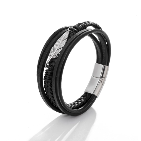 Men Multi-layer Leather Bracelet Stainless Steel Feather Charm Woven Braided Bangle Punk Vintage Casual With Magnetic Clasp