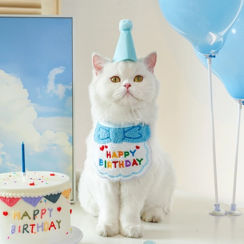 Pet Birthday Party Decoration Set Adjustable Embroidered Happy Birthday Bib And Cone Hat For Cats Dogs Small Animals Accessory