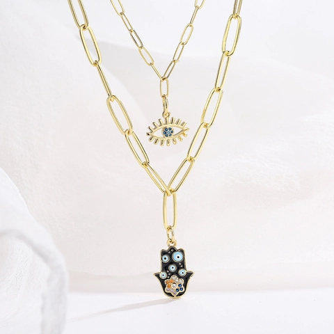 Διπλό Κολιέ Με Μενταγιόν Evil Eye Και Hamsa Hand Χάλκινο Ζιργκόν Επιχρυσωμένο Αλυσίδα Συνδετήρας Σμάλτο Boho Κόσμημα Γυναικείο