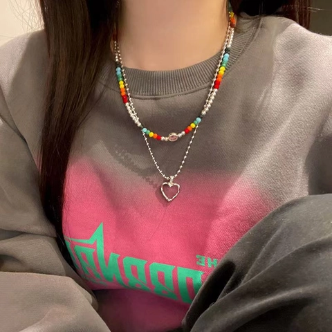 Collier Multi Rangs Acier Titane Alliage Perles Arc En Ciel Smiley Pendentif Coeur Evide Couleur Argent Style Y2K Femmes