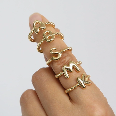 18K Vergoldet 26 Initialen Buchstaben Offener Ring Für Damen Vintage Blasenperlen Verstellbarer Fingerring Mode Schmuck