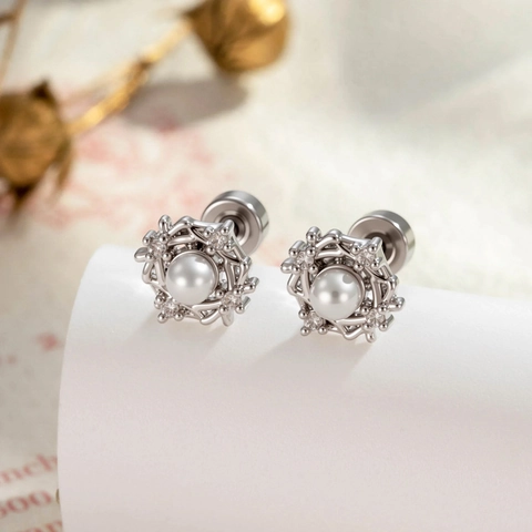 Artificial Pearl Ear Cartilage Stud Geometric Zircon Copper Stainless Steel Screw Back Vintage French Style Women Accessory
