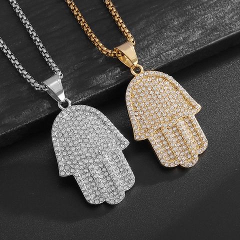 Hamsa Hand Anhänger Halskette Titanstahl Vereist Mit Strass Hip Hop Hand Der Fatima Vergoldet Punk Schmuck