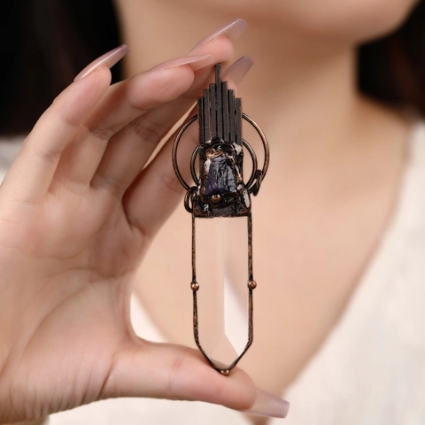 Vintage Pendant Necklace With Antique Copper Alloy Amethyst Raw Stone And White Crystal Hexagonal Prism Geometric Jewelry