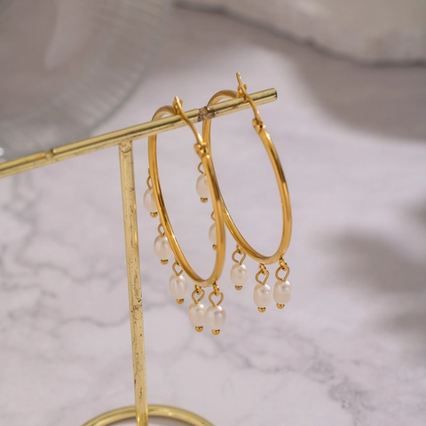 Large Hoop Earrings With Freshwater Pearls 304 Stainless Steel PVD Gold Plated Waterproof Hypoallergenic Retro For Women